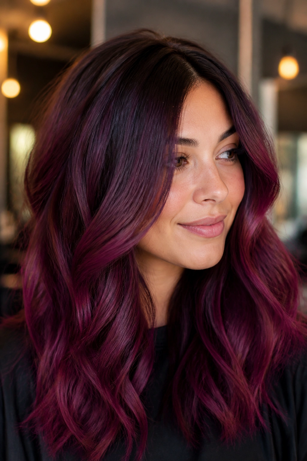 Close-up of woman with Plum Burgundy Balayage in salon light.