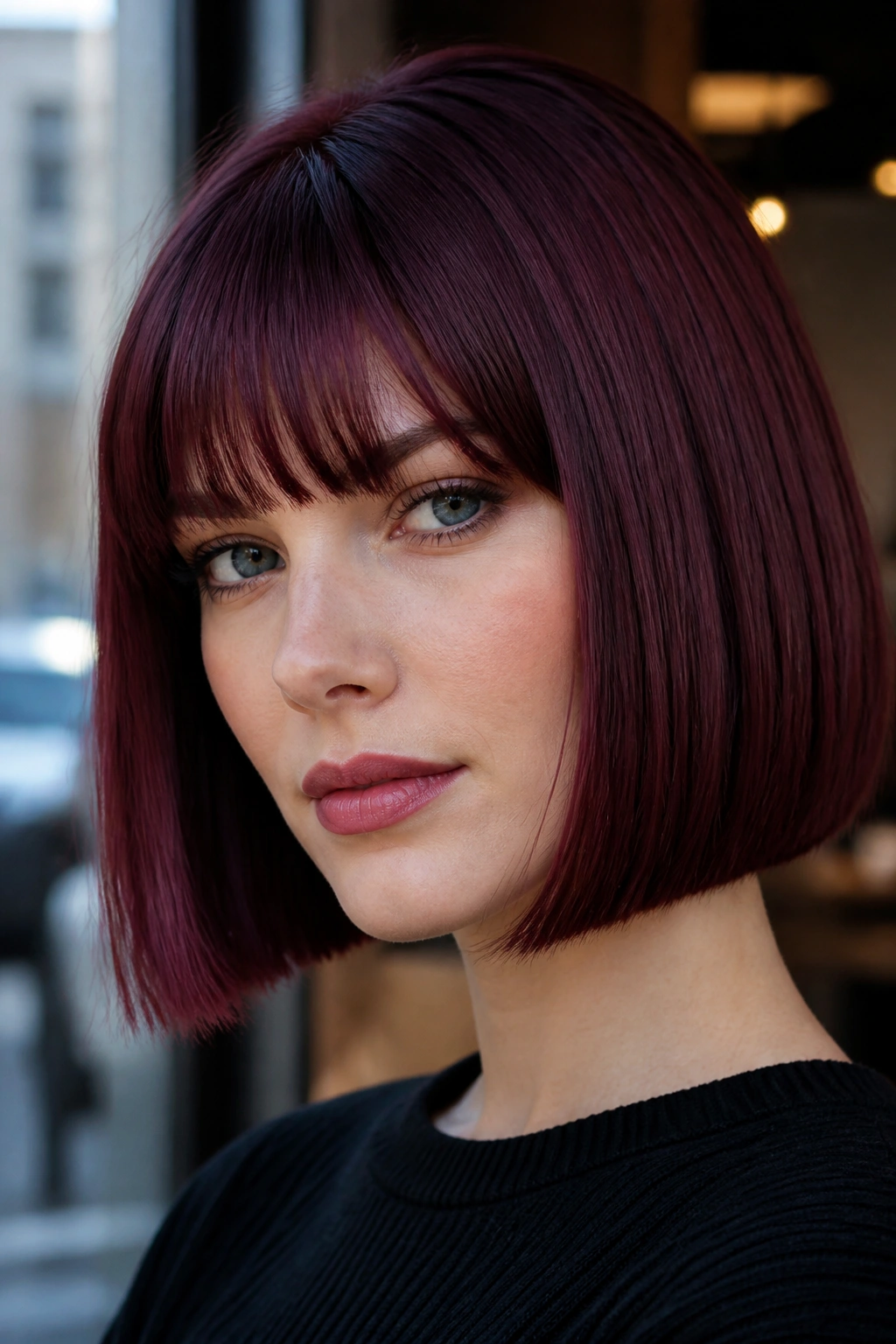 Close-up of a real person with Plum Burgundy Bob hairstyle, a blunt plum burgundy cut