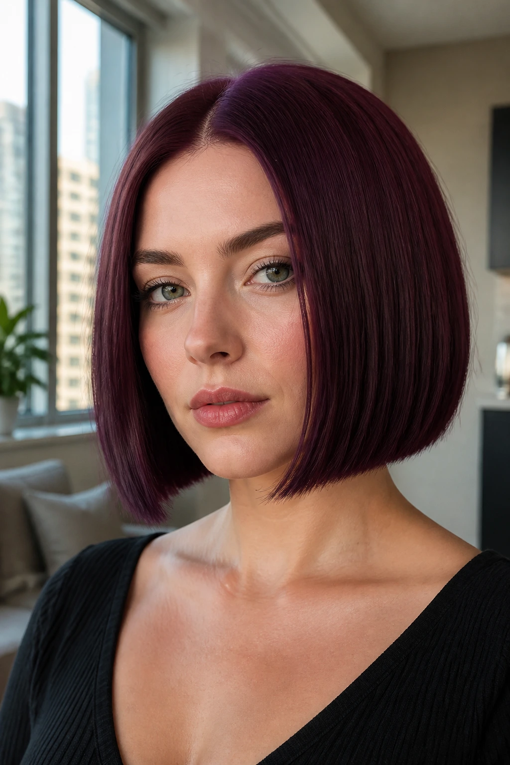 Close-up portrait of a real woman with plum burgundy bob