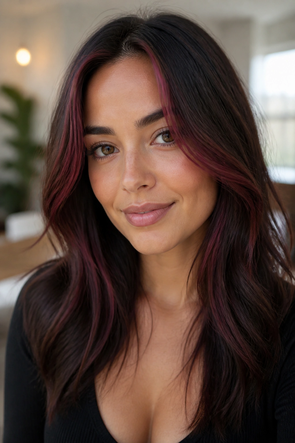 Close-up of brown hair with deep plum face-framing pieces around the front