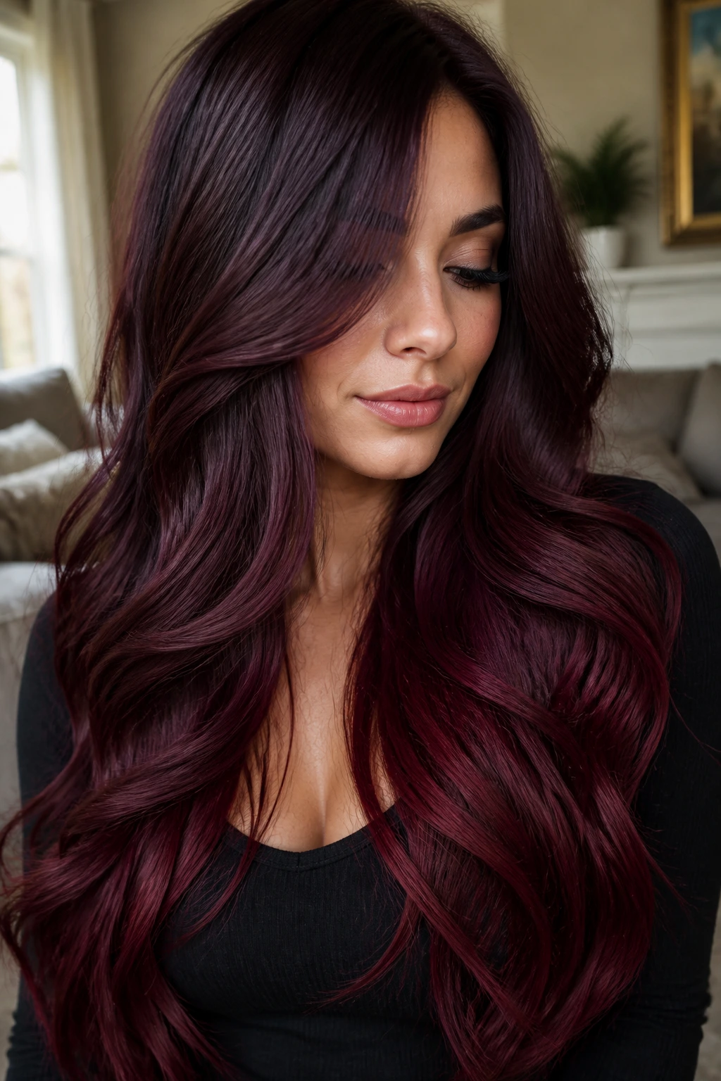 Close-up of a real woman with plum-to-burgundy gradient on long hair.