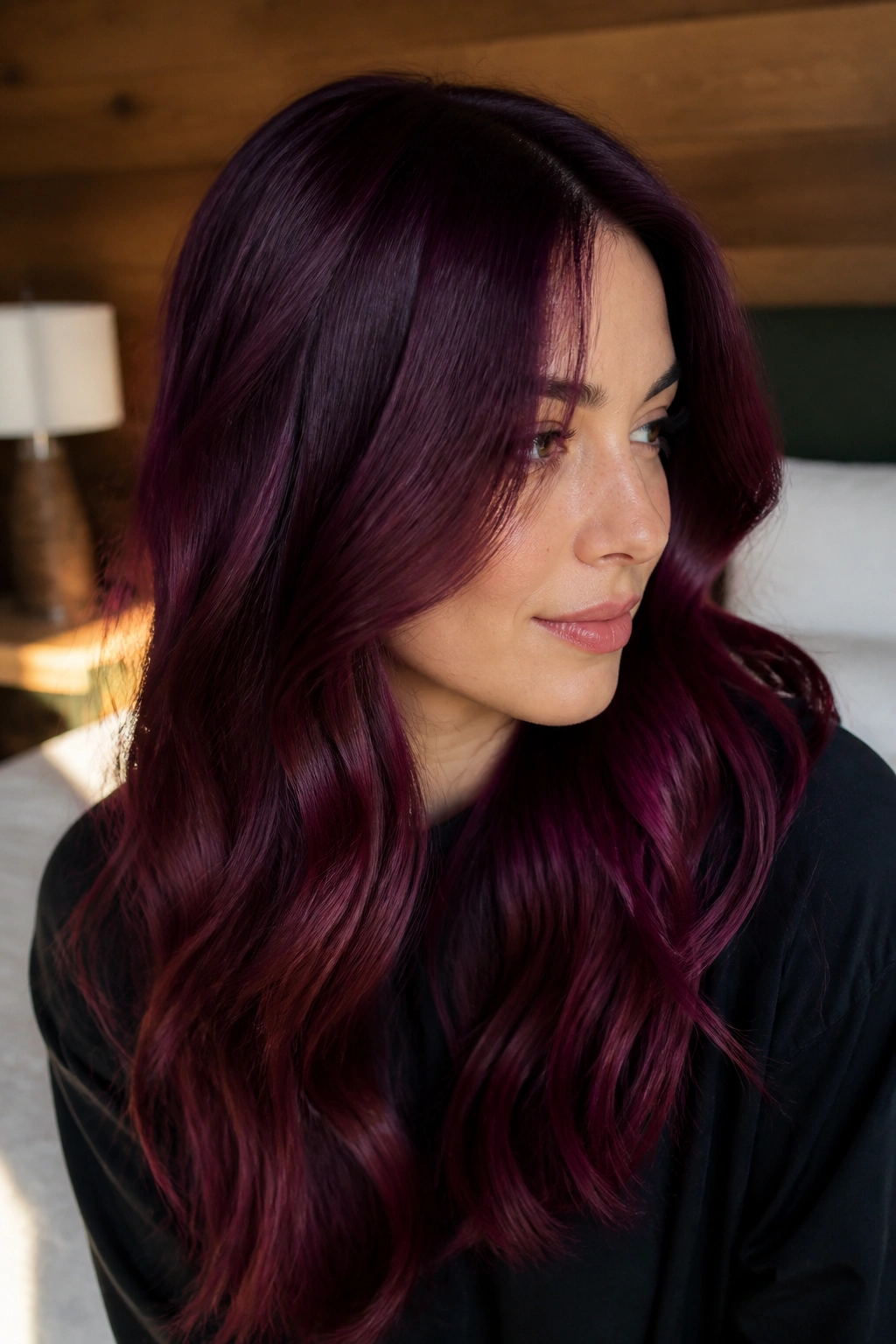 Close-up portrait of a real woman with plum-burgundy melt and soft waves.