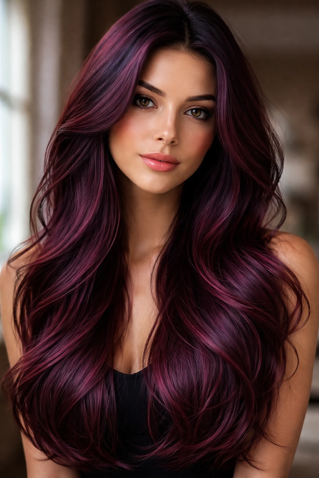 Real woman wearing plum burgundy hair with violet undertones, close-up