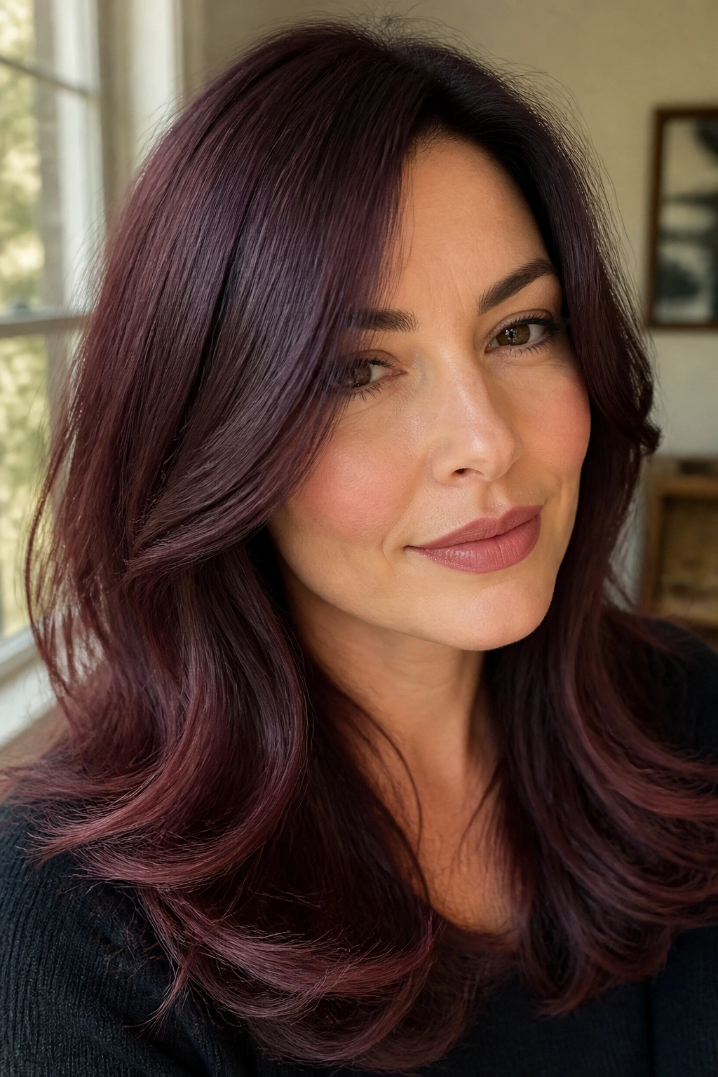 Close-up of smoky plum burgundy hair with soft feathered ends on cool skin