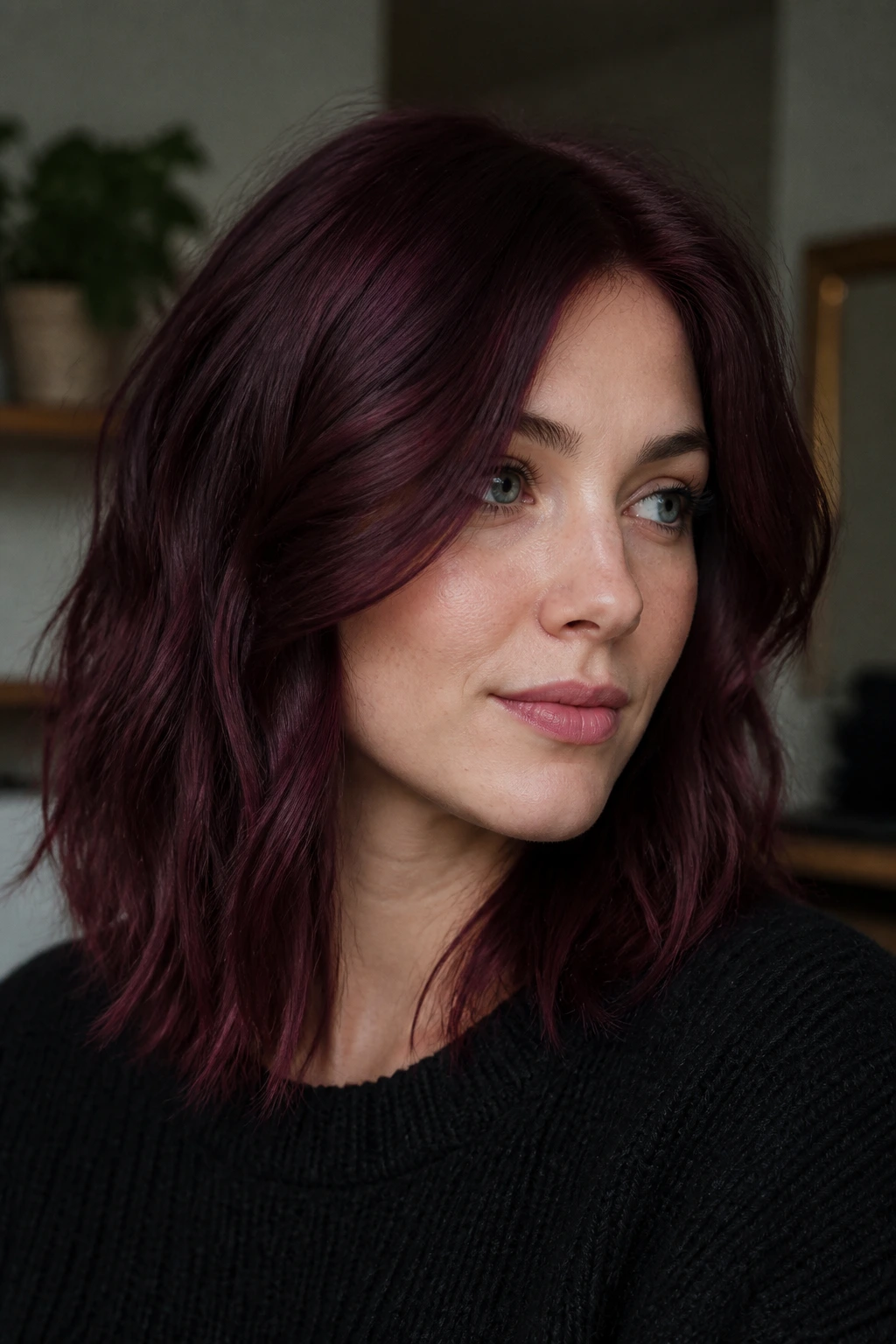Close-up of a real woman with plum cherry all-over hair under soft indoor lighting