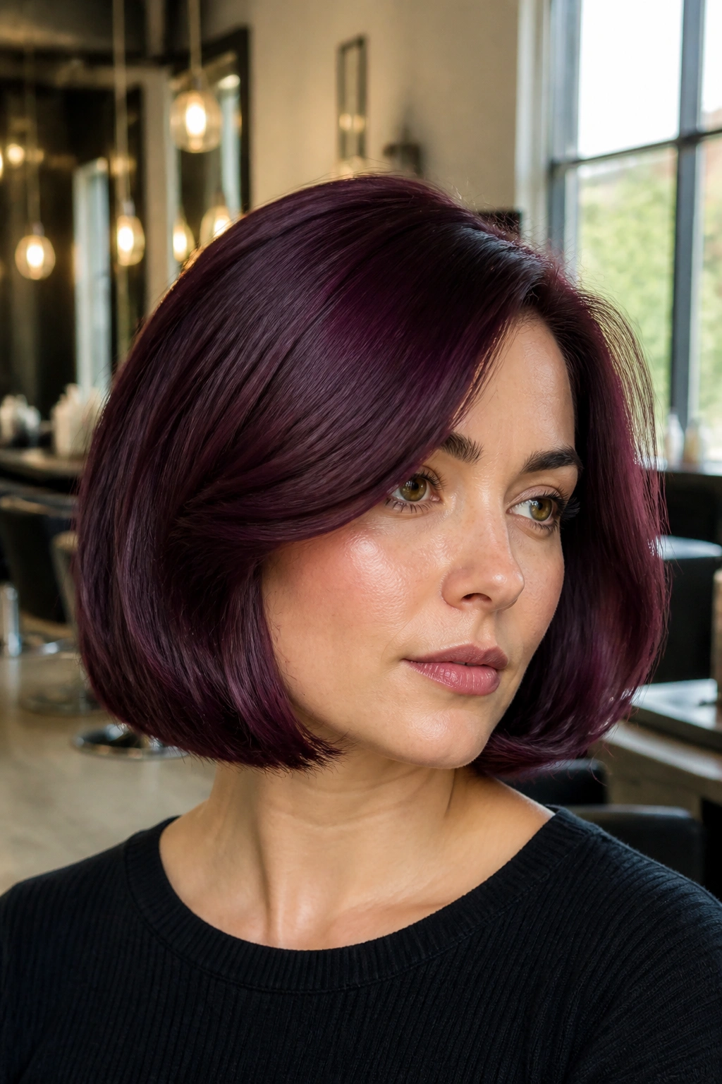 Portrait of a woman with plum-forward black cherry bob in a modern salon