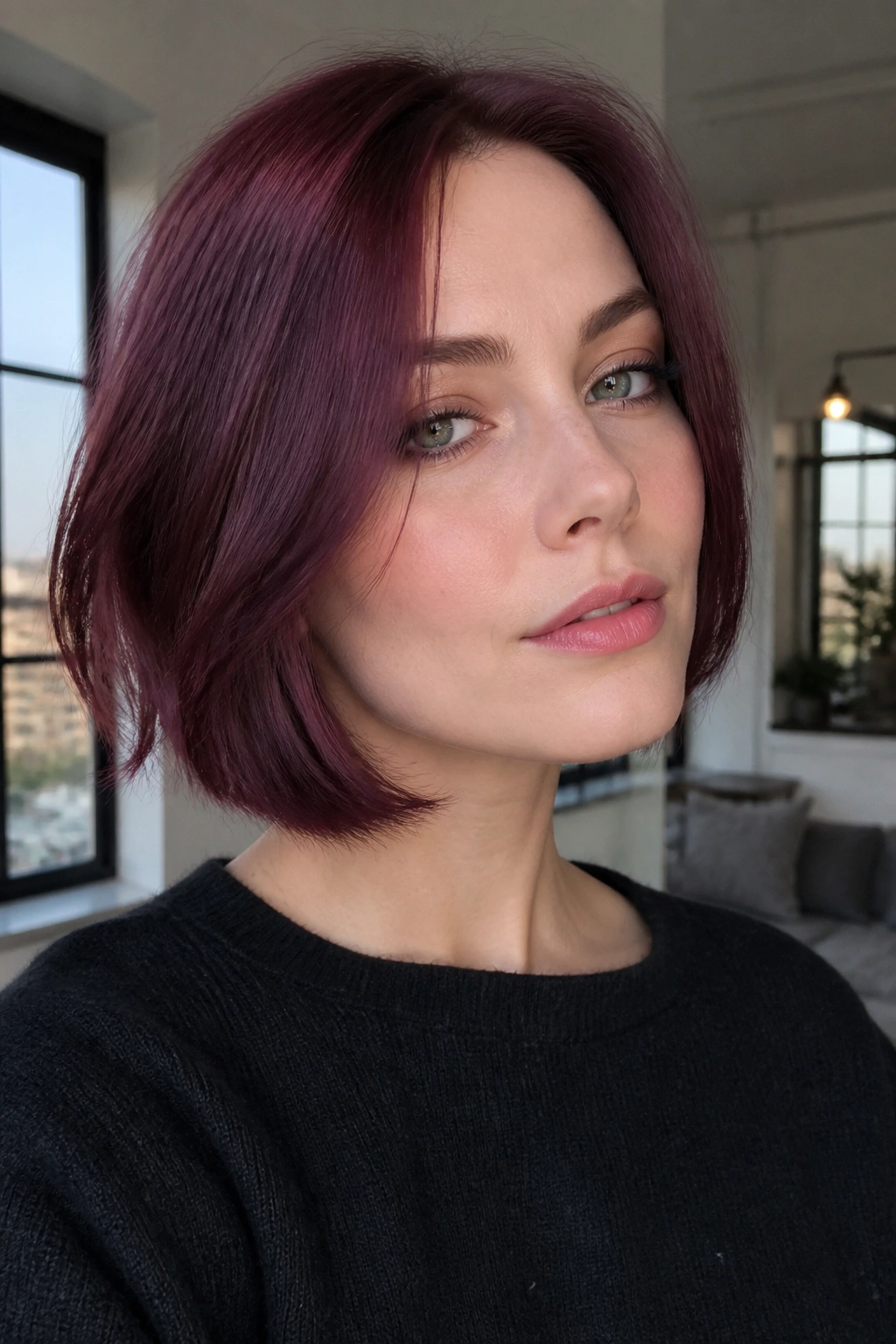Close-up of a woman with plum cherry bob hairstyle