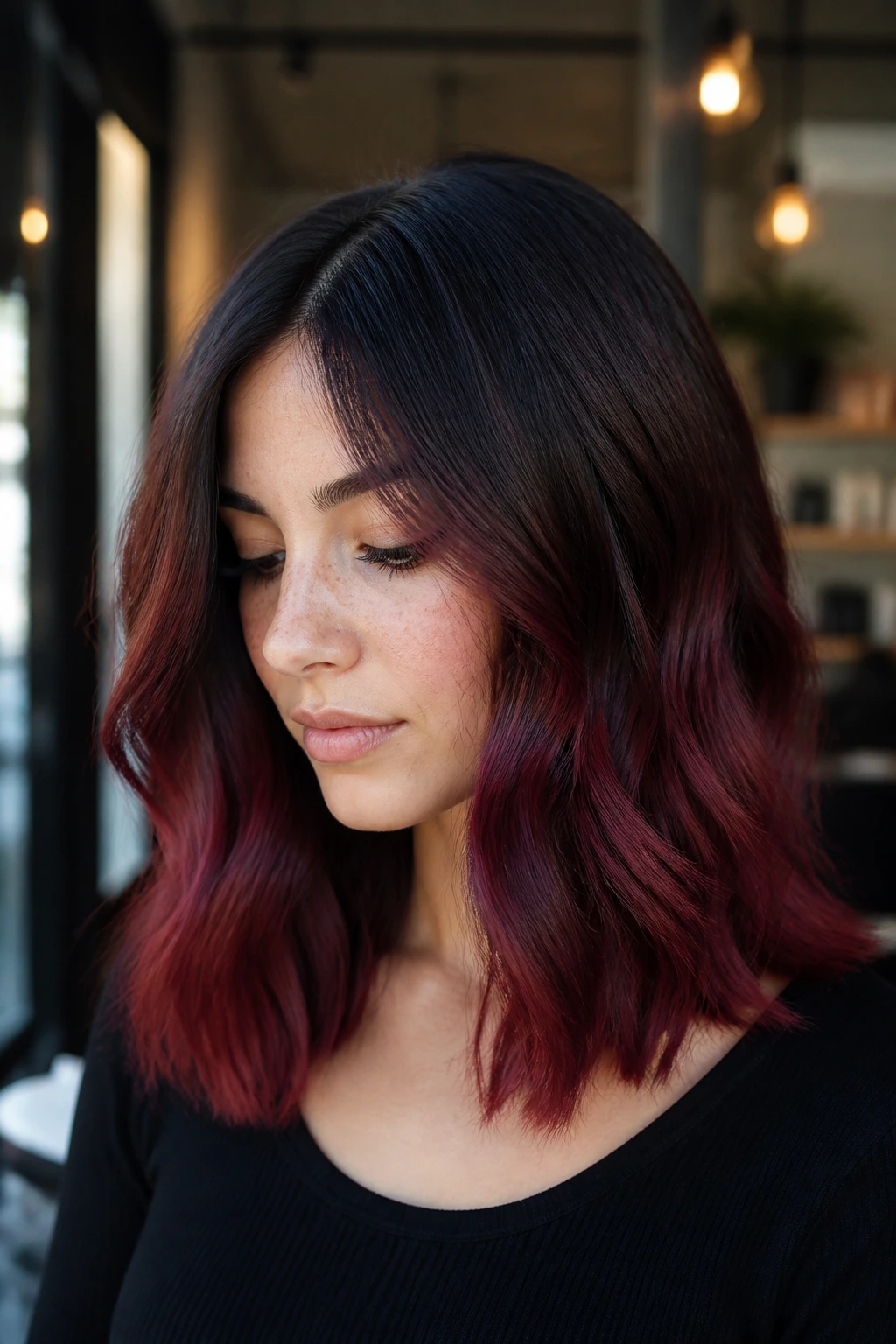 Portrait of a woman with plum-cherry color melt on mid-length hair.