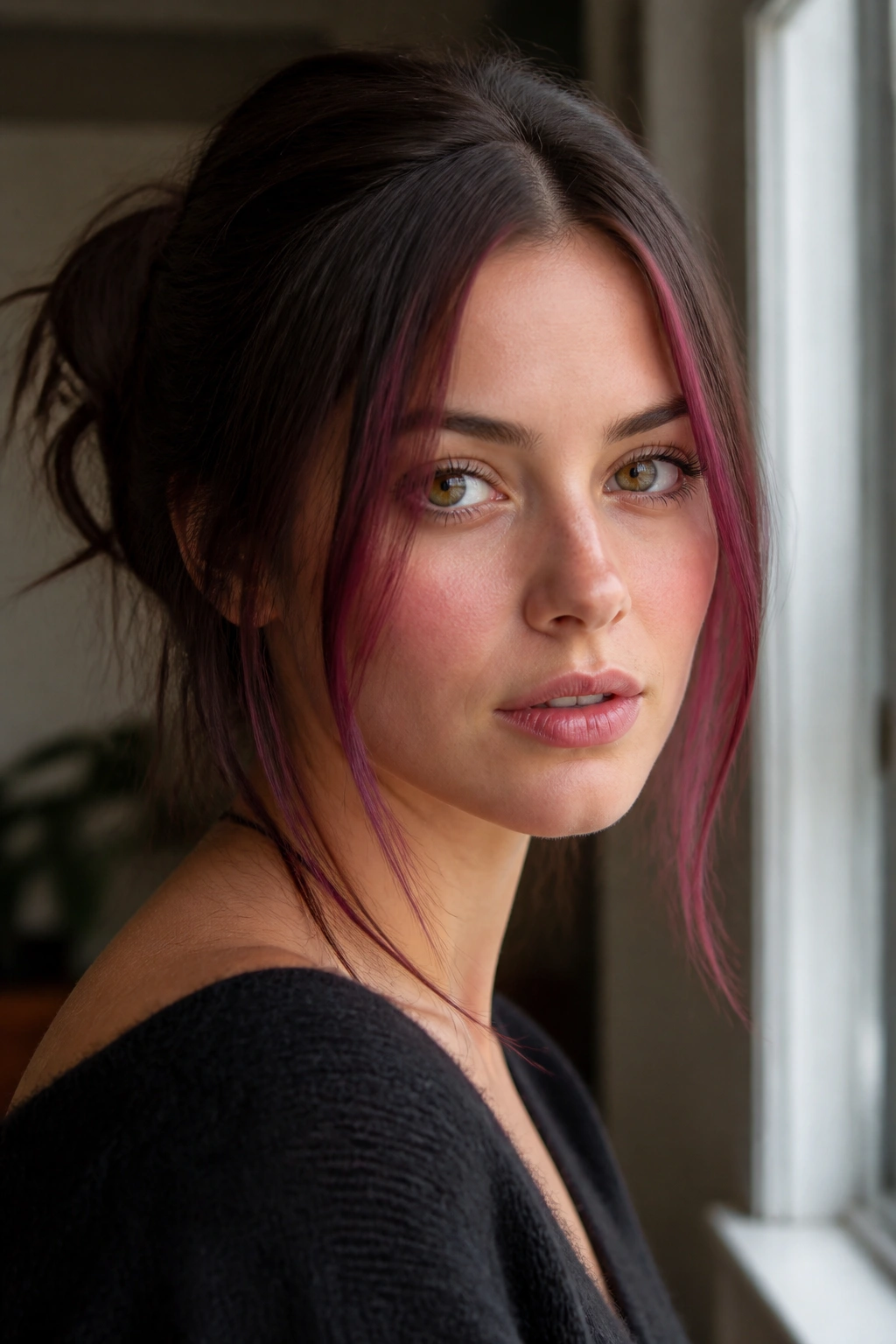 Close-up of plum-cherry money pieces framing the face on brunette hair