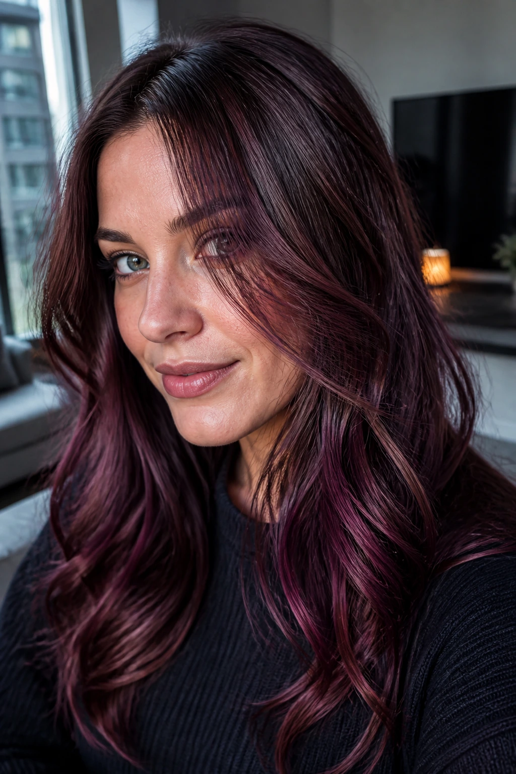 Close-up portrait of a woman with ash brown hair and plum-cherry highlights