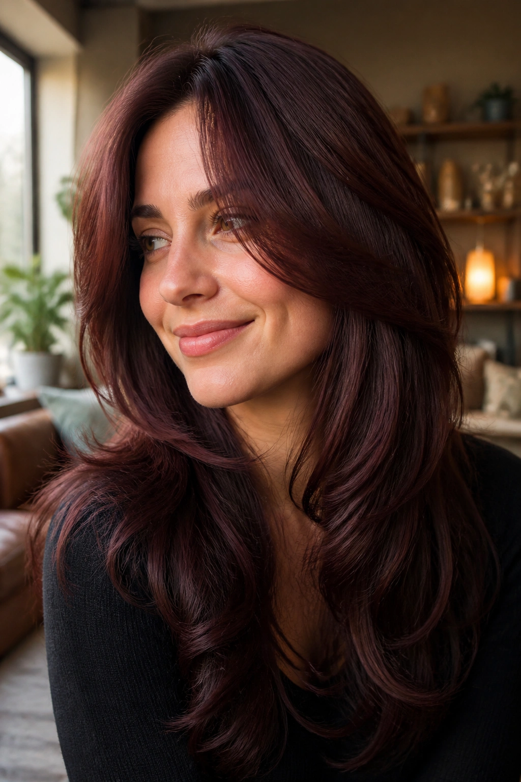 Close-up portrait of a woman with plum-chestnut layered hair in cool brunette tones.