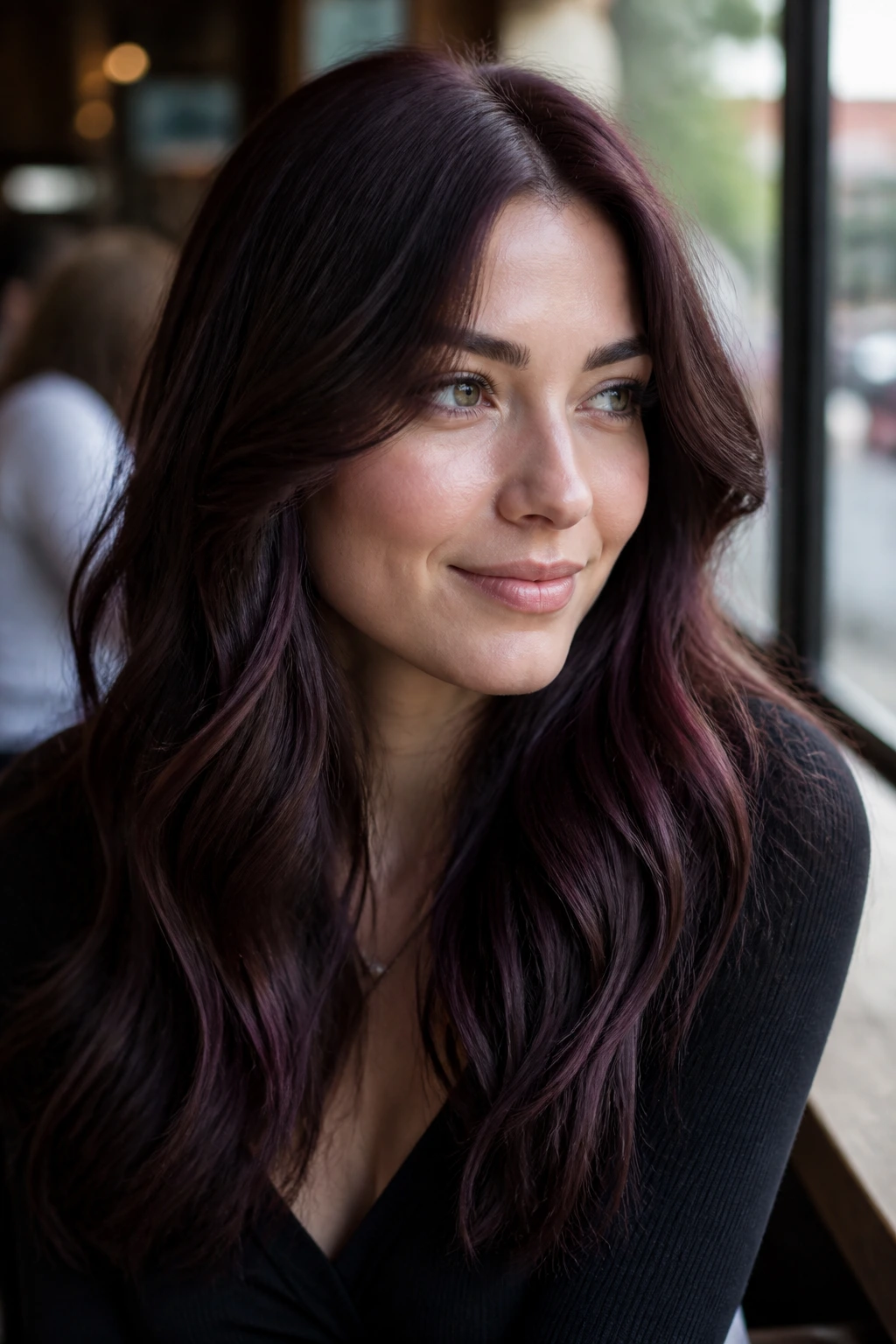 Close-up portrait of a real woman with plum chocolate brown hair catching violet undertones