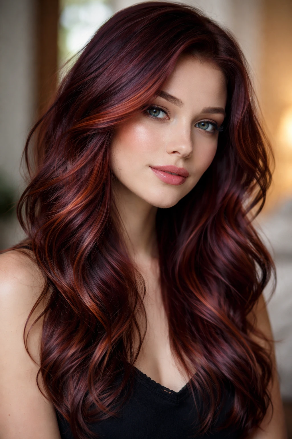 Close-up portrait of a person with plum-copper hair blending plum and copper tones.