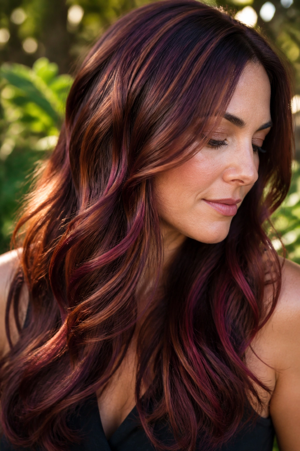 Real woman with plum and copper ribbon lights in mahogany hair outdoors during golden hour