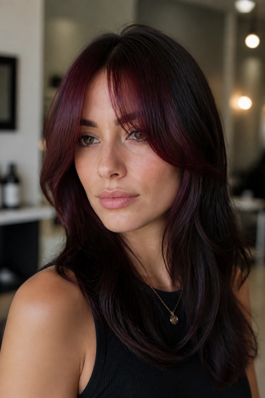Woman with plum curtain bangs framing her face under soft lighting