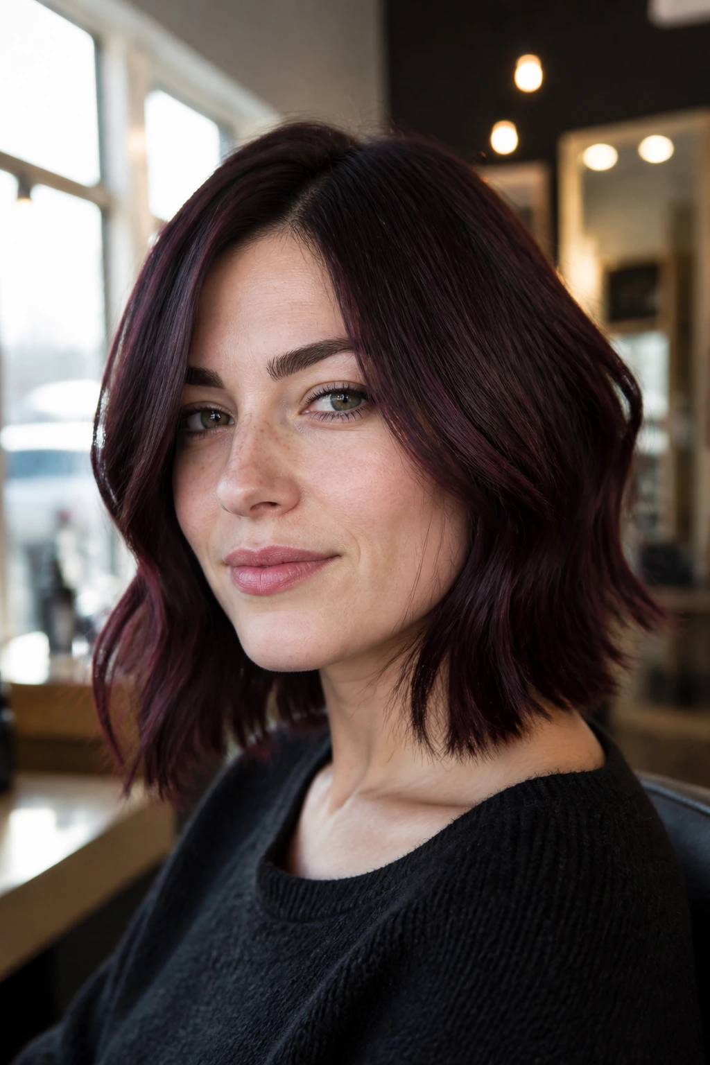 Close-up portrait of a real woman with plum espresso lob hair color in a chic salon