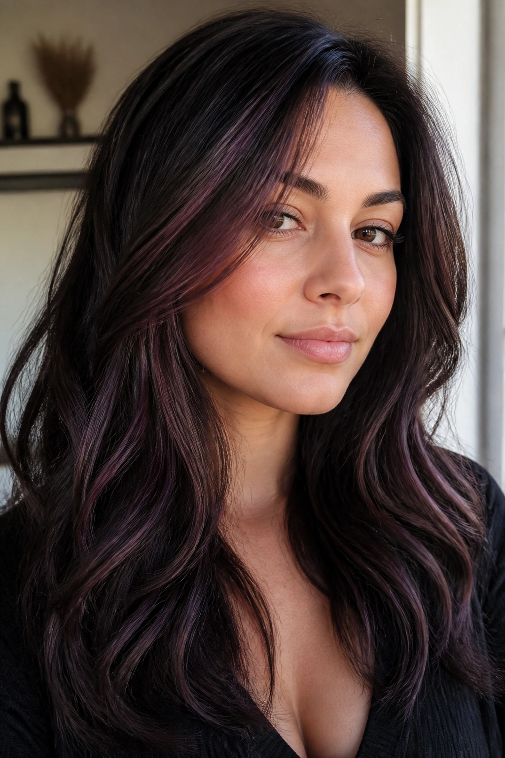 Close-up of a real woman with cool plum foilayage on long layers