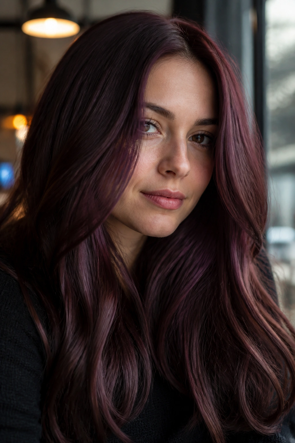 Close-up of a real woman with plum-gloss brunette hair showing violet-red sheen in natural window light