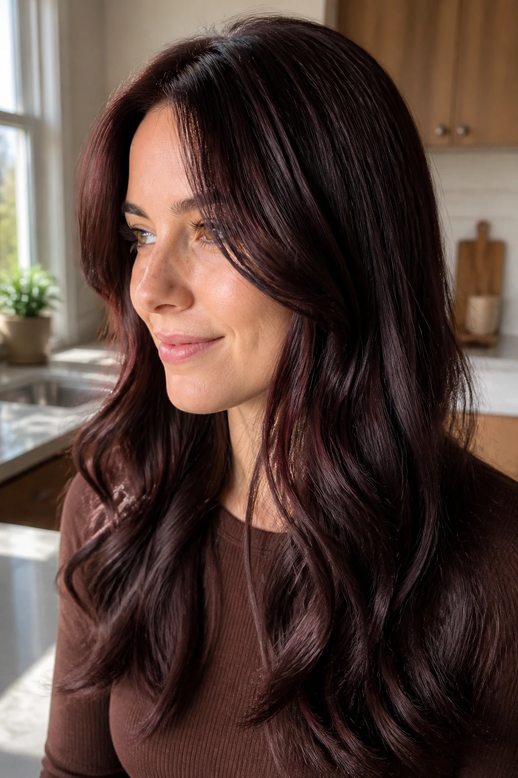 Close-up portrait of a woman with plum-gloss chocolate brown hair