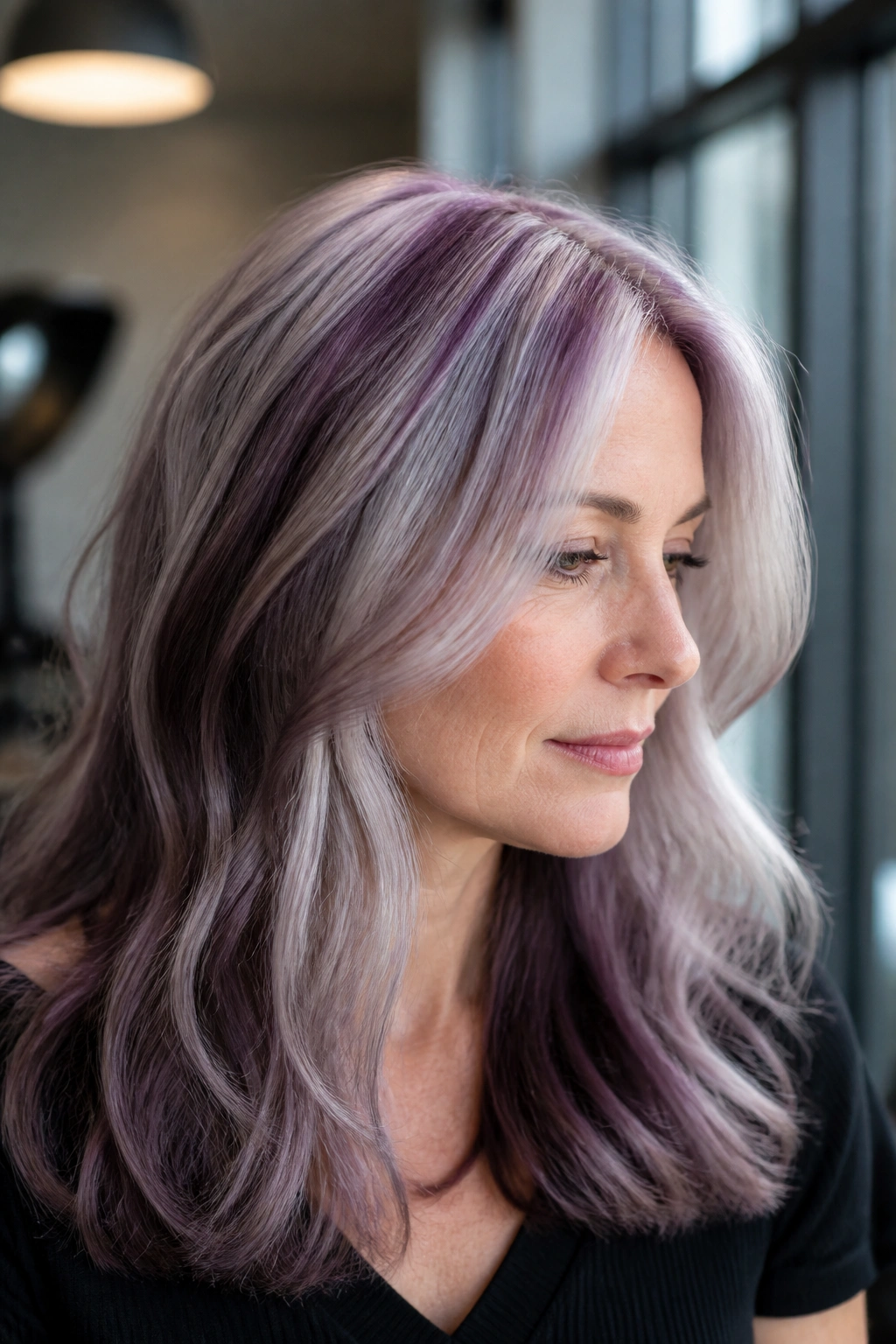 Close-up of silver base hair with midnight plum gloss on a real person