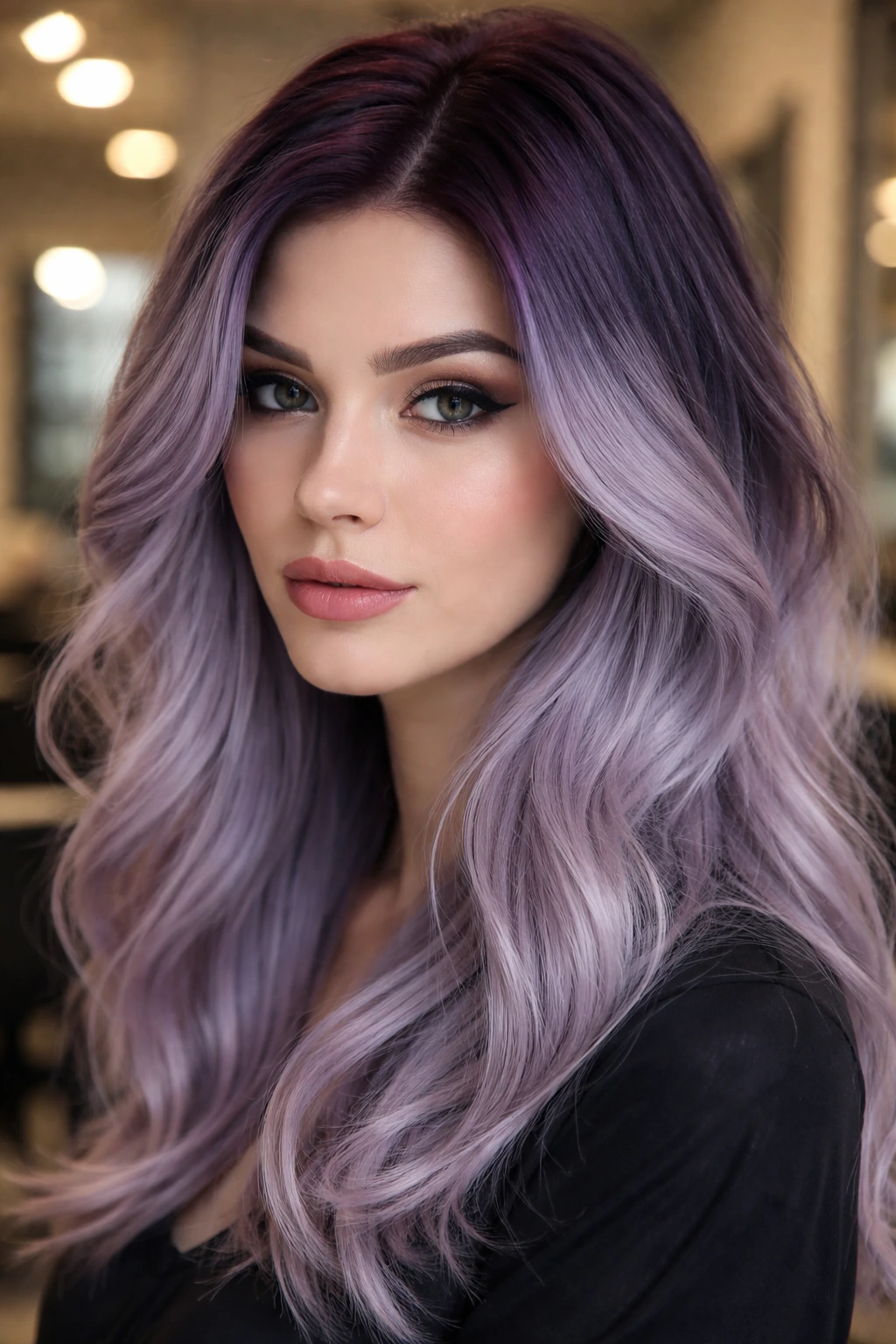 Close-up of a real person with a deep plum-grey shadow root blending into lilac-grey hair.