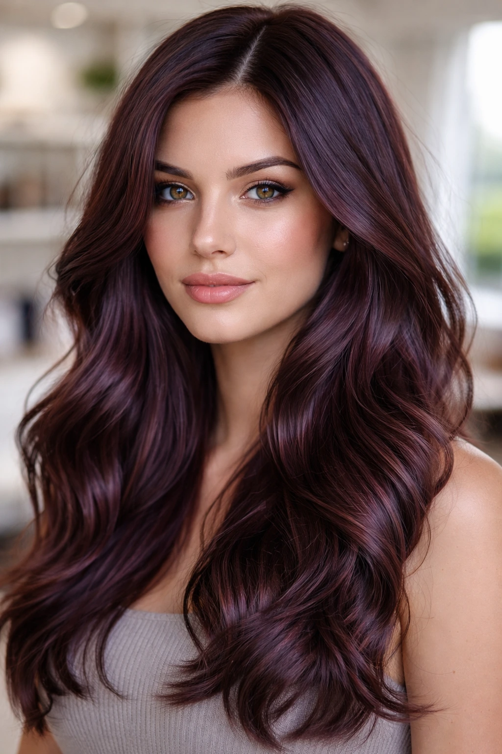 Close-up portrait of a real person with plum-infused brown hair