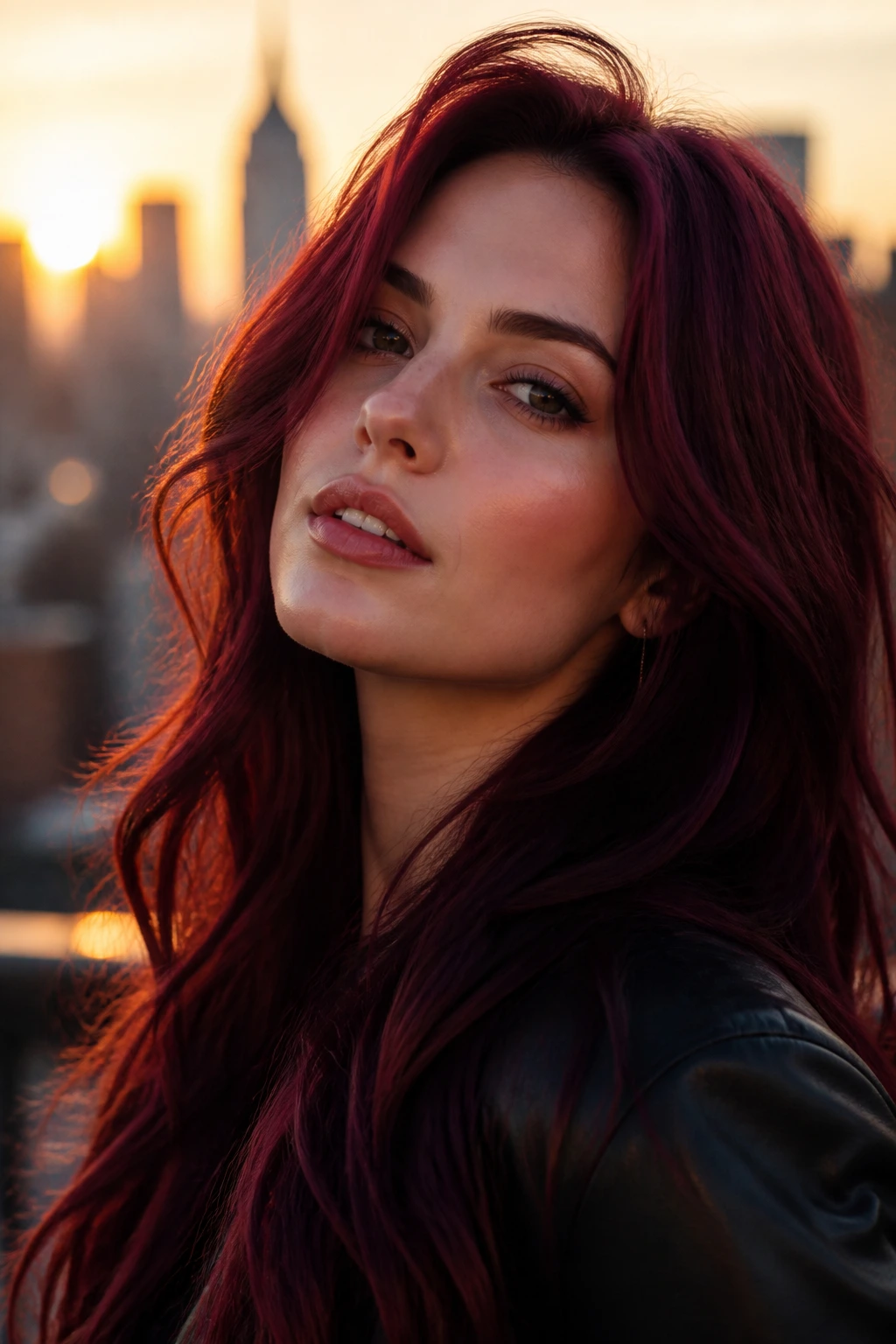 Close-up portrait with plum-infused cherry hair against golden hour city backdrop