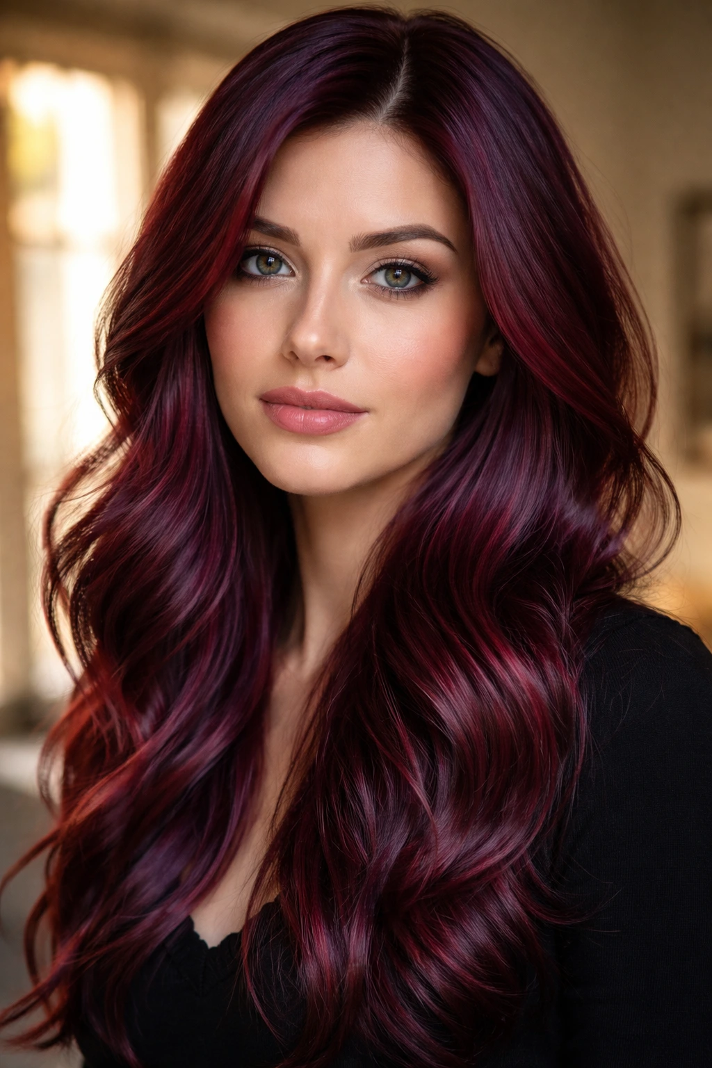 Close-up portrait of a real person with plum-infused cherry hair