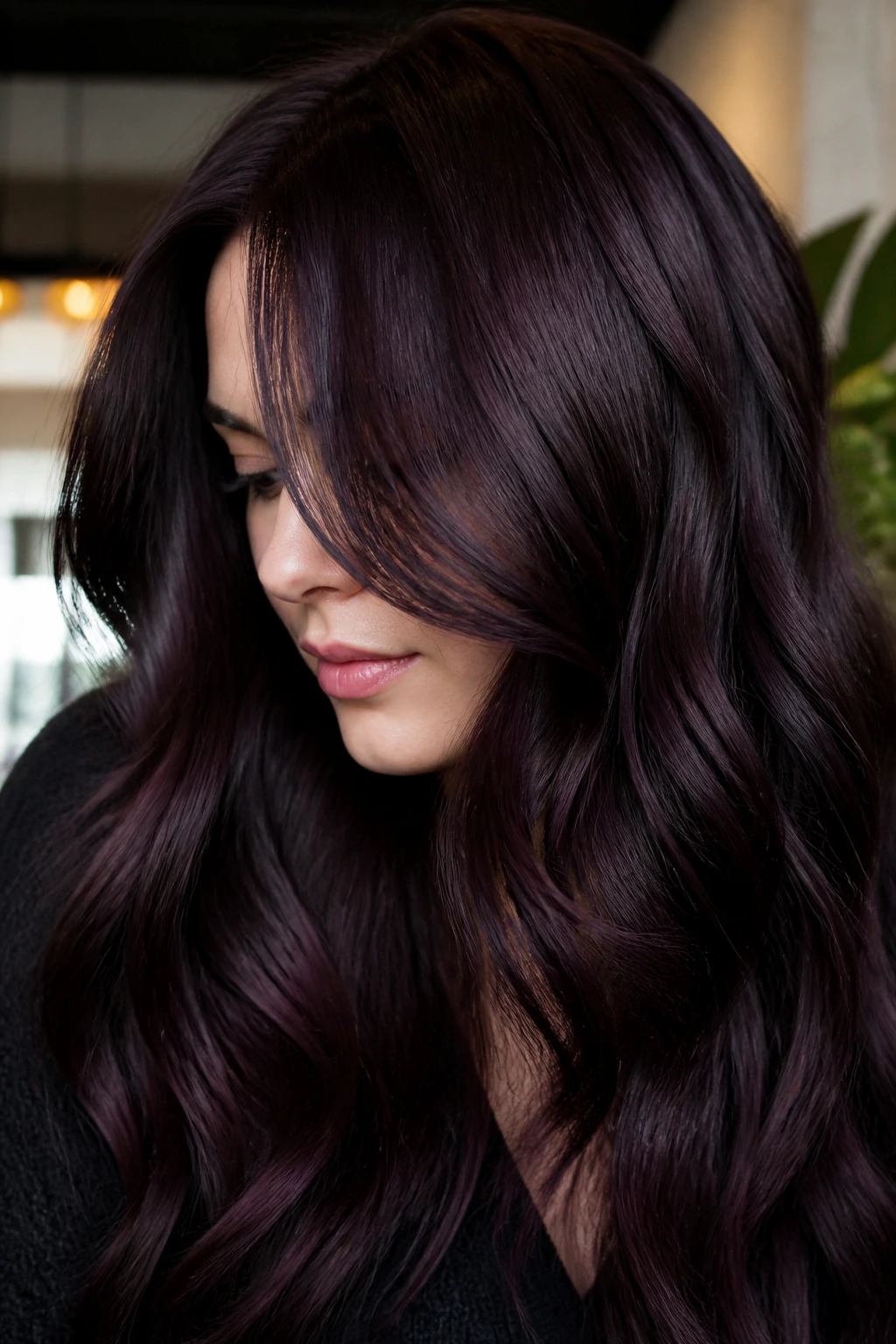 Brunette hair with plum-infused chocolate tones and cool violet reflections