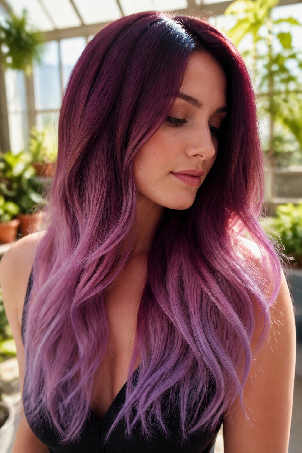 Close-up of a real woman with plum to lavender melt ombre on long hair
