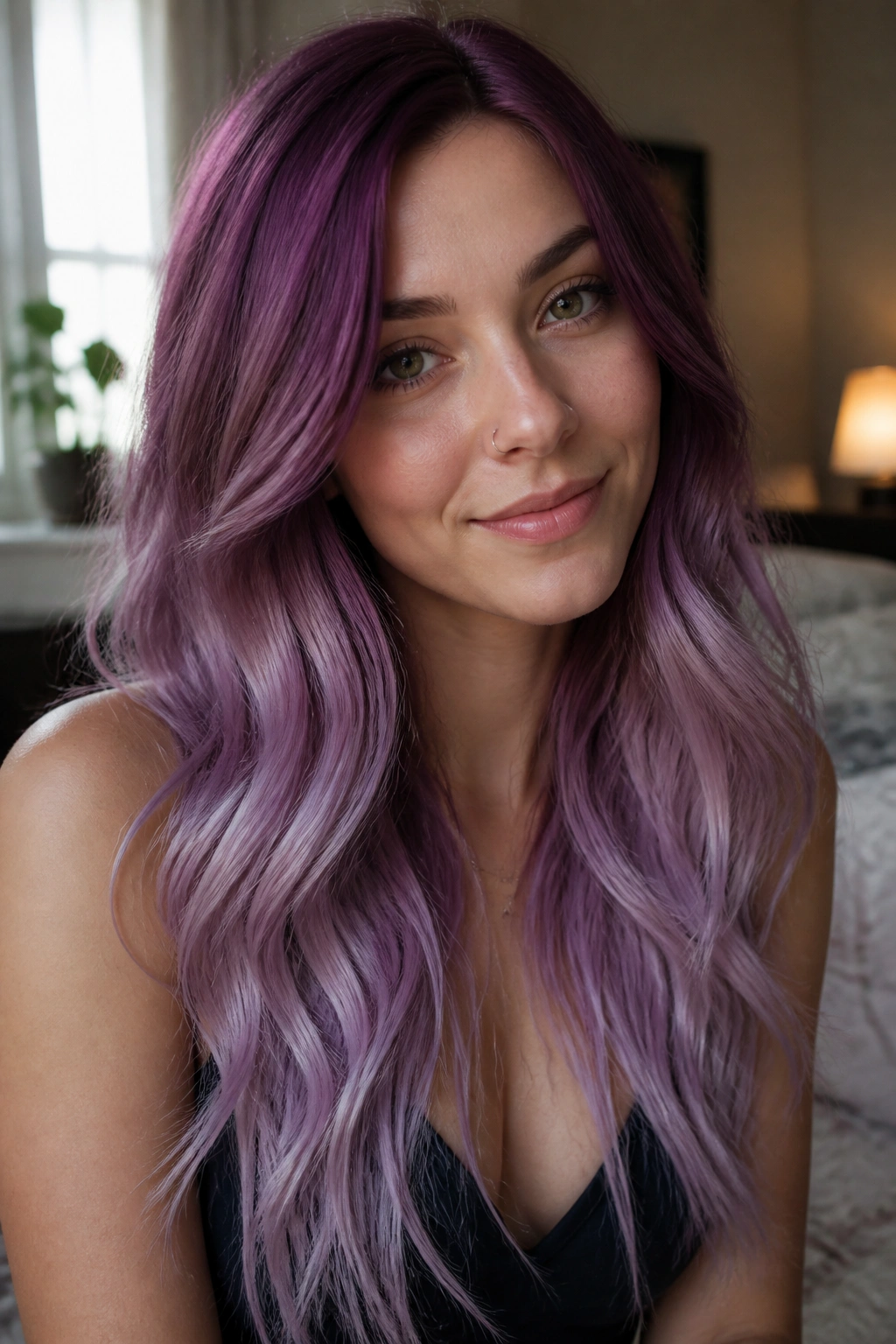 Close-up of a real woman with plum to lavender ombre hair in natural window light