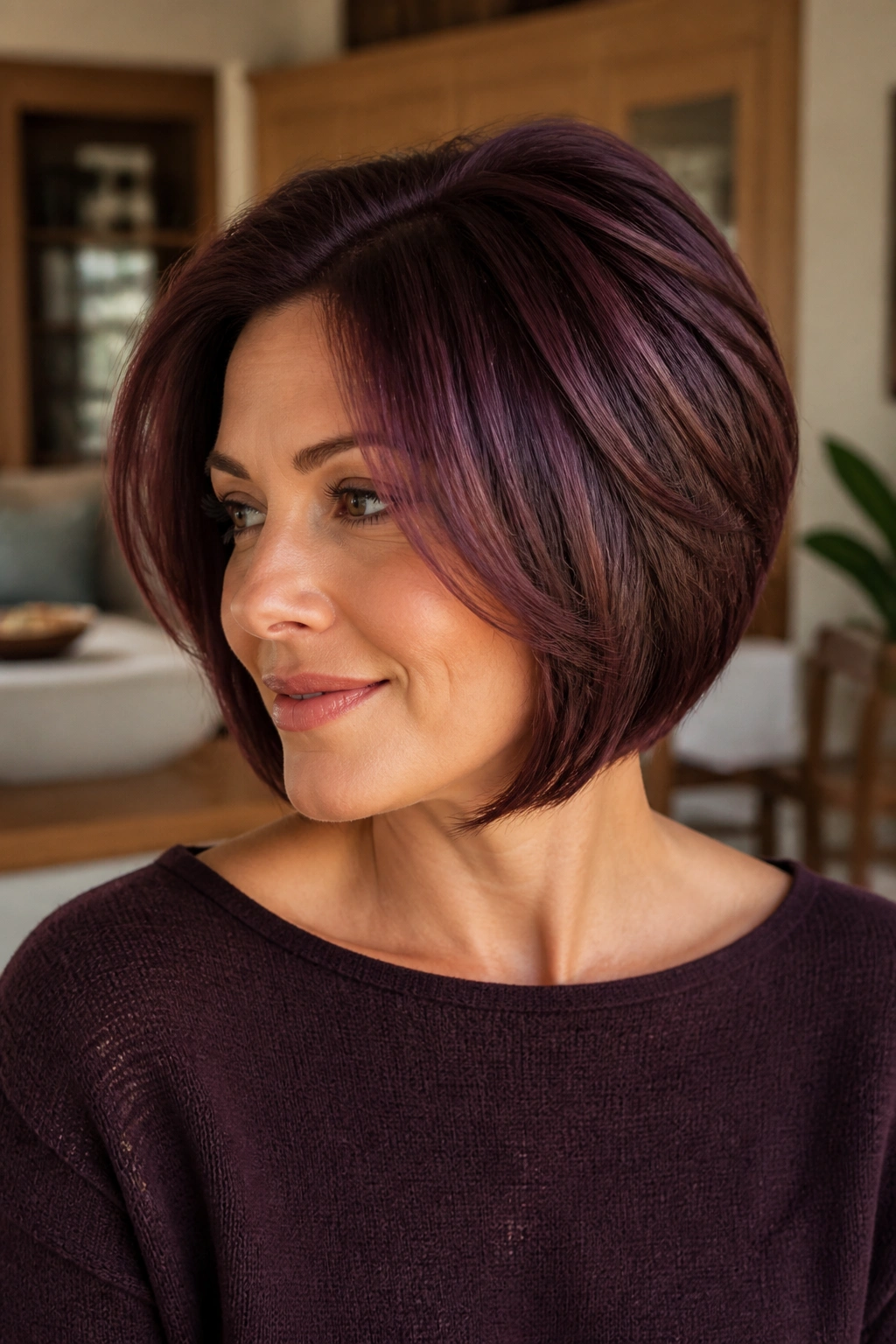 Close-up of a real woman with plum layered bob and crown lift in warm living room lighting