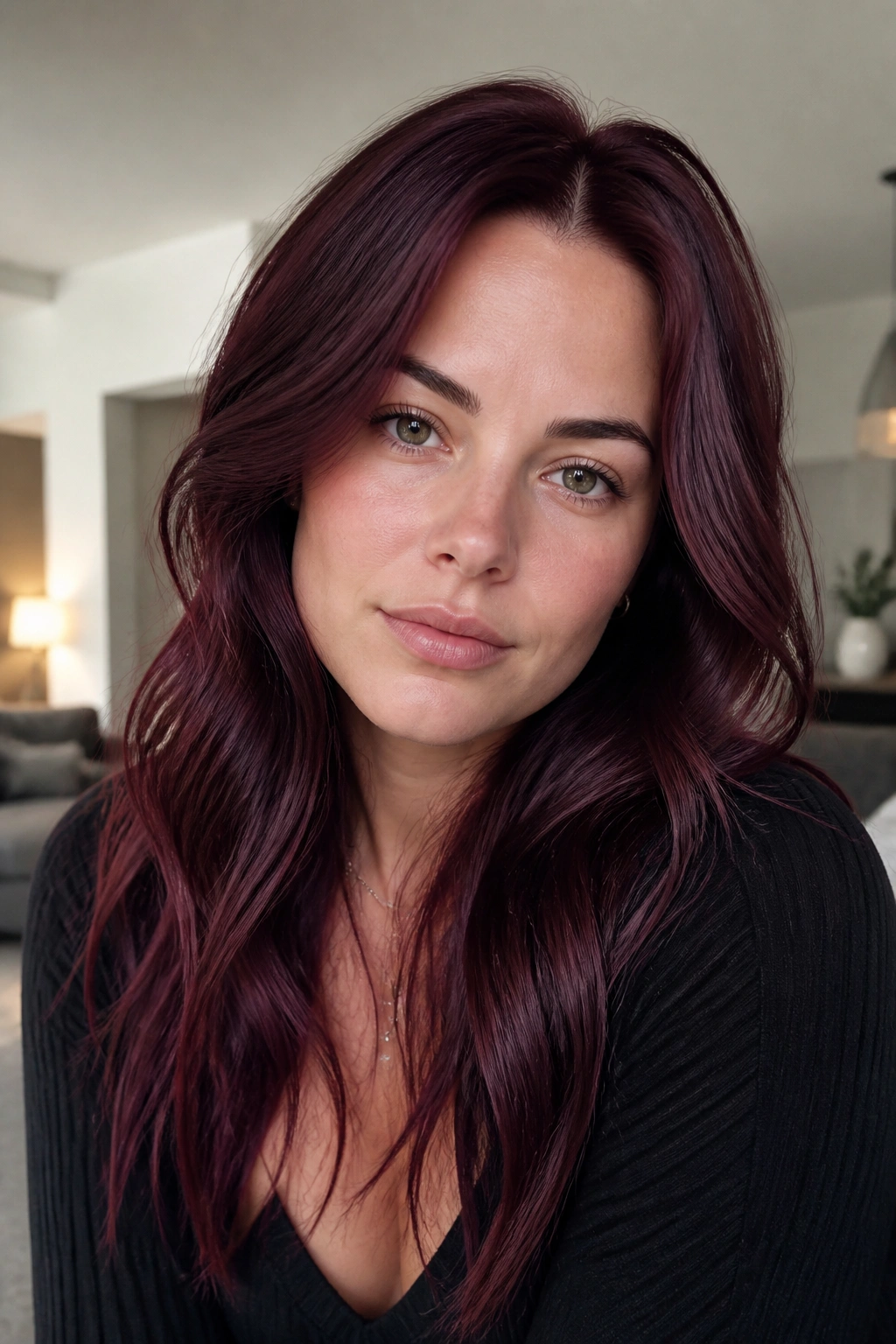 Real person with plum-lean mahogany hair in cool indoor lighting