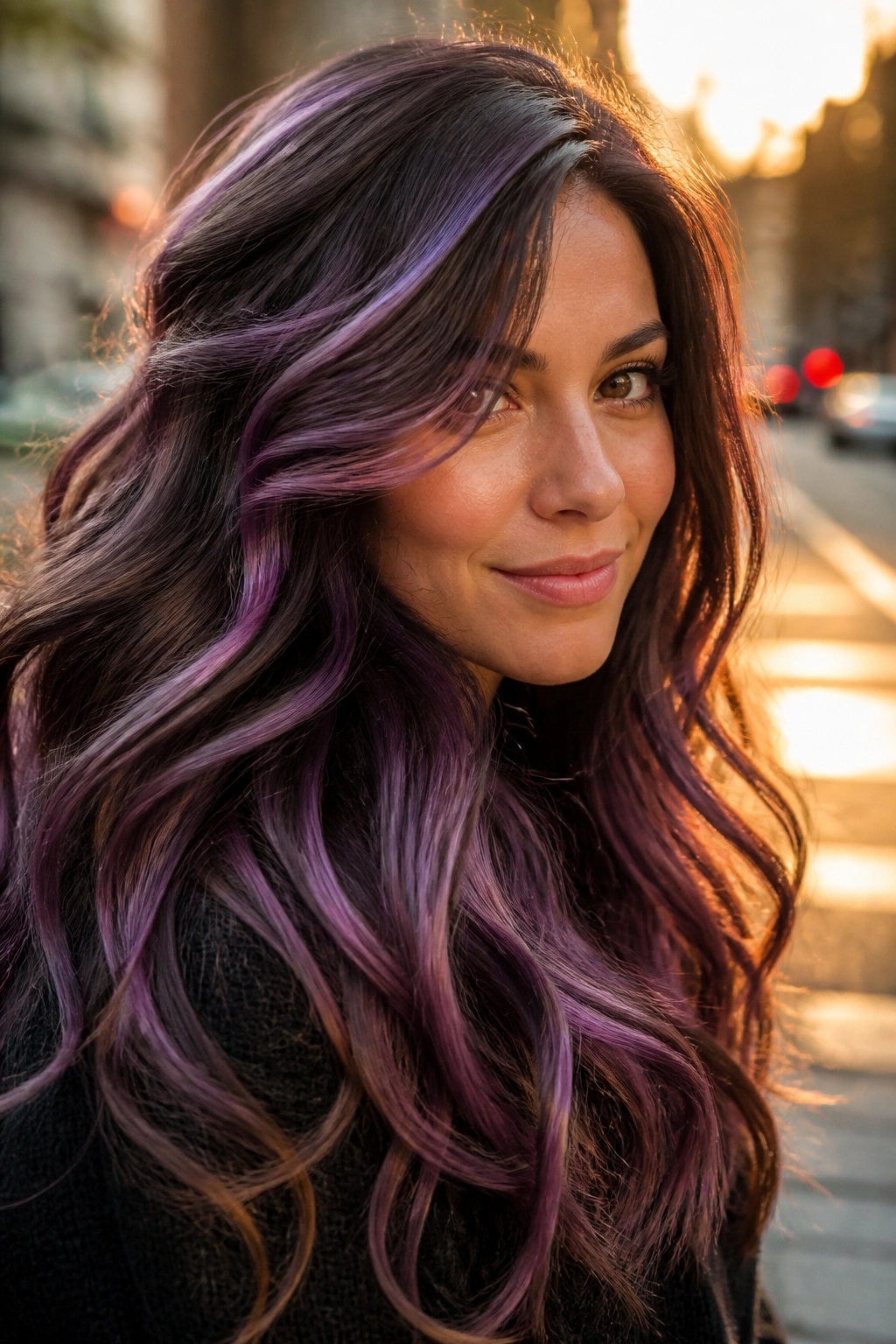 Close-up portrait of a real woman with thick hair showing plum-lilac ribbons woven through