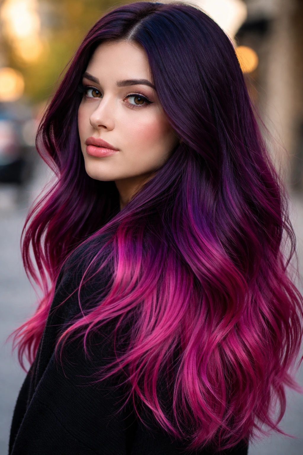 Close-up of a real person with plum to magenta dip-dye hair on urban street