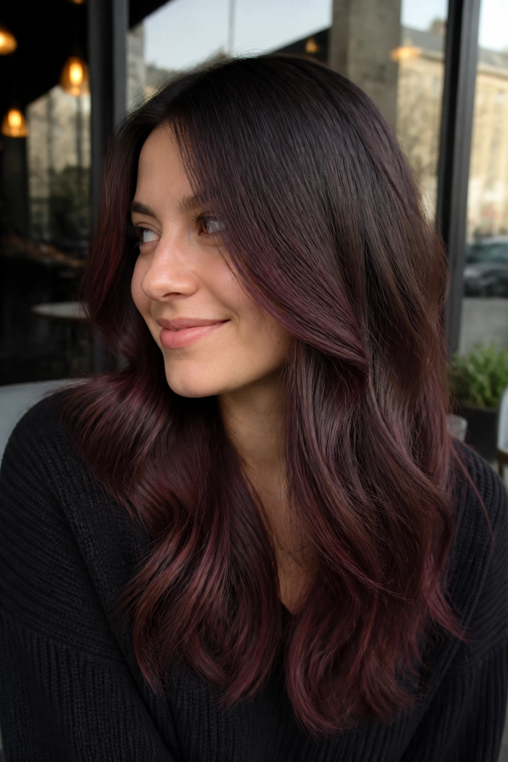 Close-up of ash brown hair with cool plum-mahogany highlights on a real person.