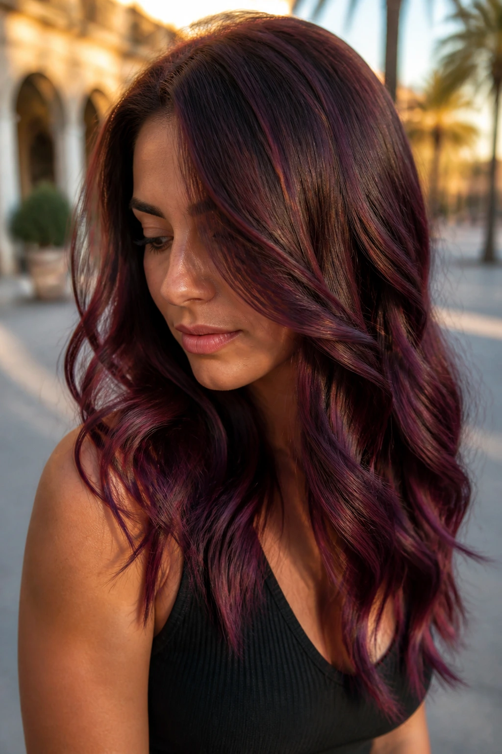 Close-up of brunette with plum and mahogany balayage for warm depth