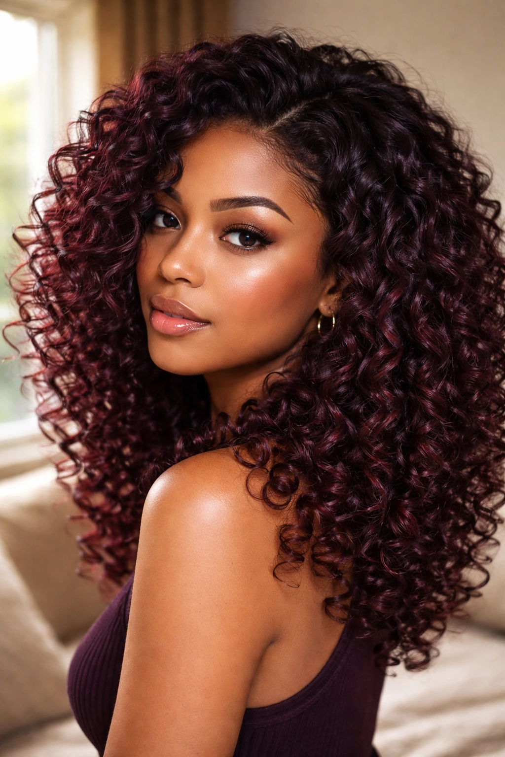 Close-up portrait of a real woman with plum-toned mahogany curls framing her face in warm natural light