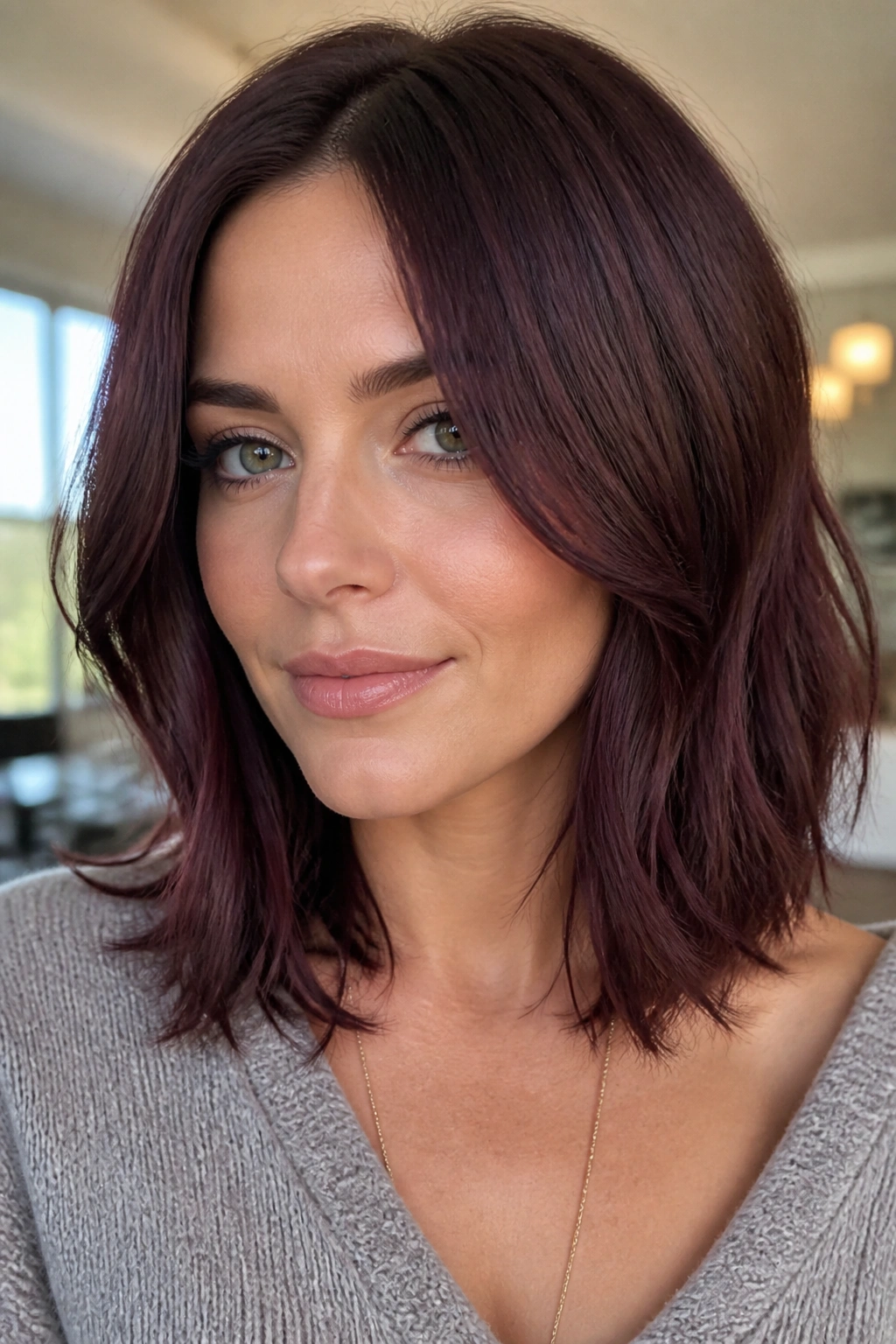 Real woman with plum mahogany brown hair in a collarbone-length lob
