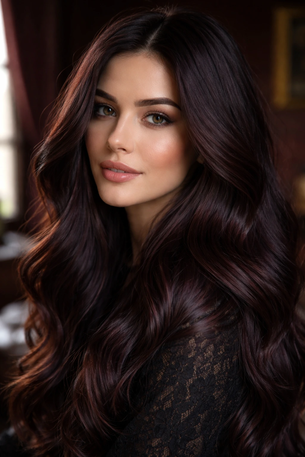 Close-up of a real woman with plum mahogany hair filling the frame