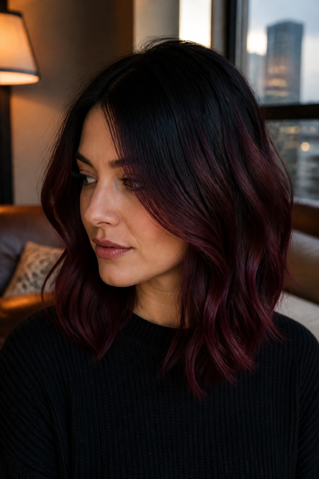 Close-up of real woman with plum mahogany ombre hair from black to plum