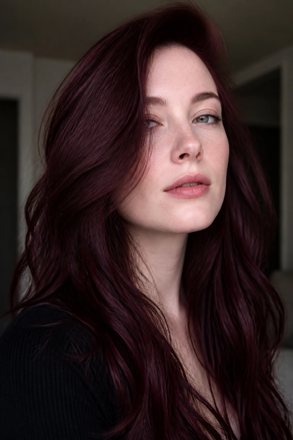 Close-up of a real person with plum-forward mahogany for pale skin