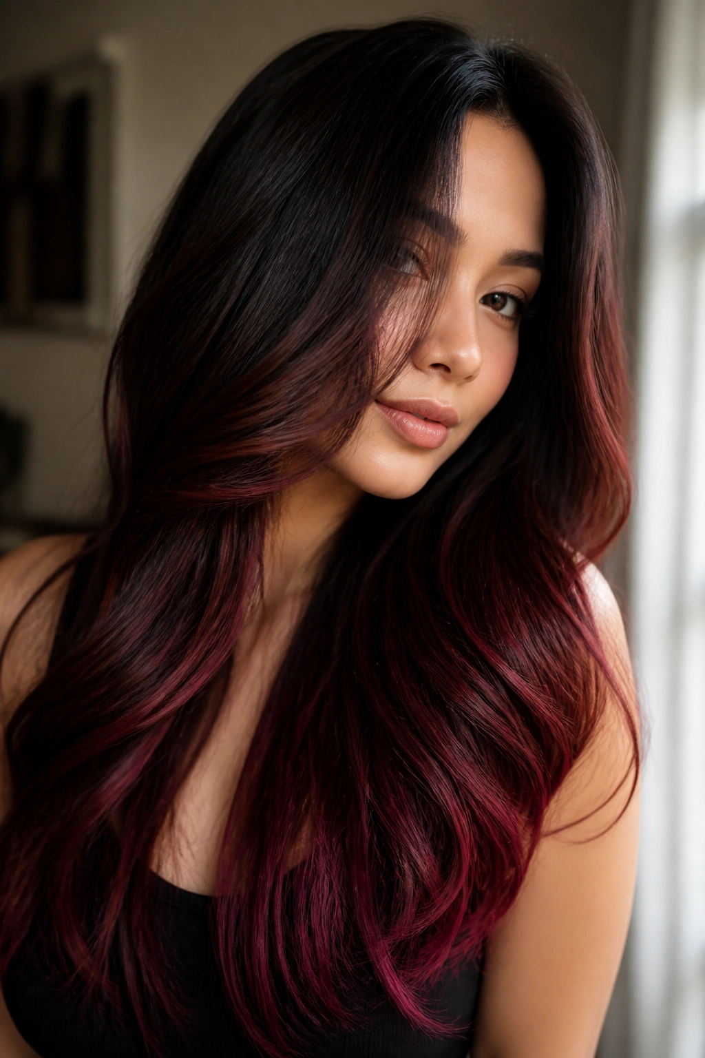Close-up of a real person with long hair showing plum-mahogany ribbons woven through the lower half