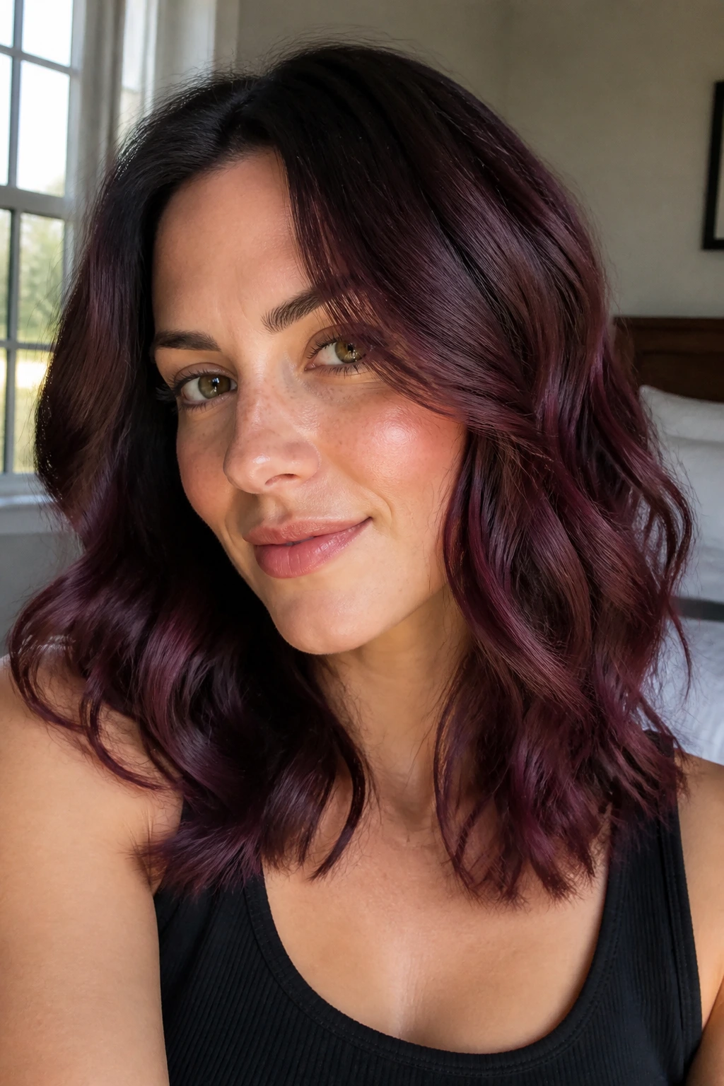 Close-up portrait of a real woman with plum-tinged mahogany waves and shadow root in natural light