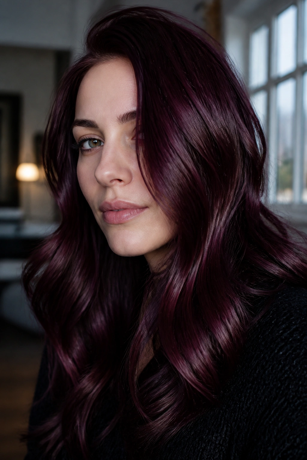 Close-up portrait of a person with plum merlot hair in a moody indoor setting.