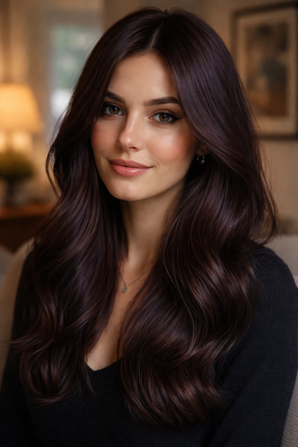 Real-person portrait with plum-infused mocha brown featuring violet undertones.