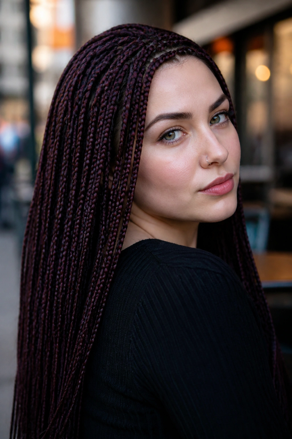 Close-up of a real woman with plum noir braided hair in natural daylight.