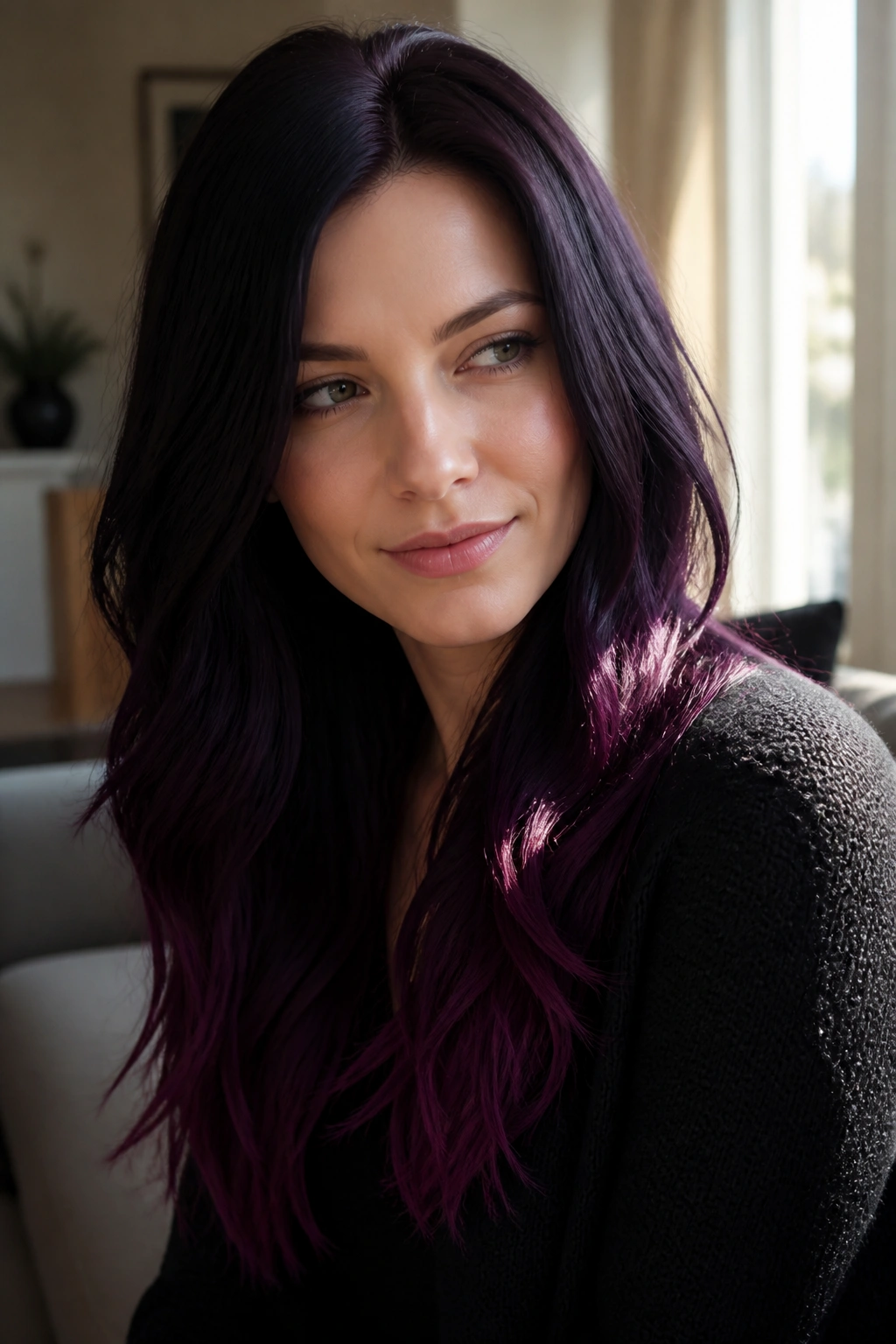 Close-up portrait of a person with plum noir hair showing berry-purple ends in daylight.