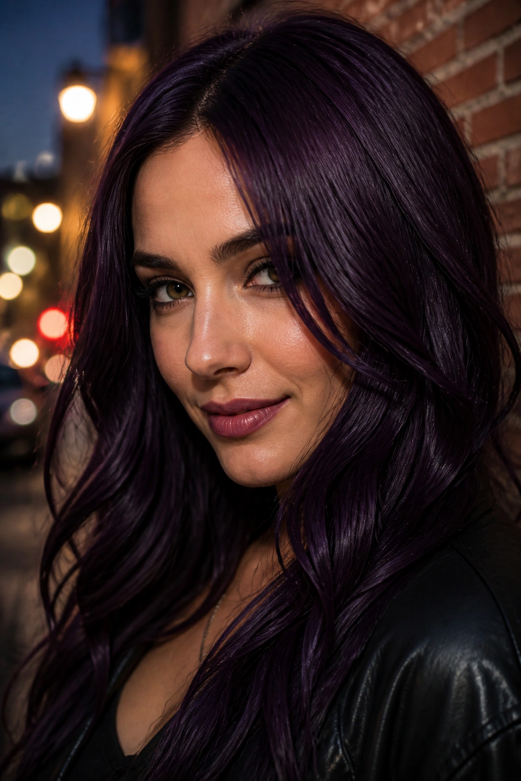 Close-up of a woman with plum noir hair near a brick wall at night.