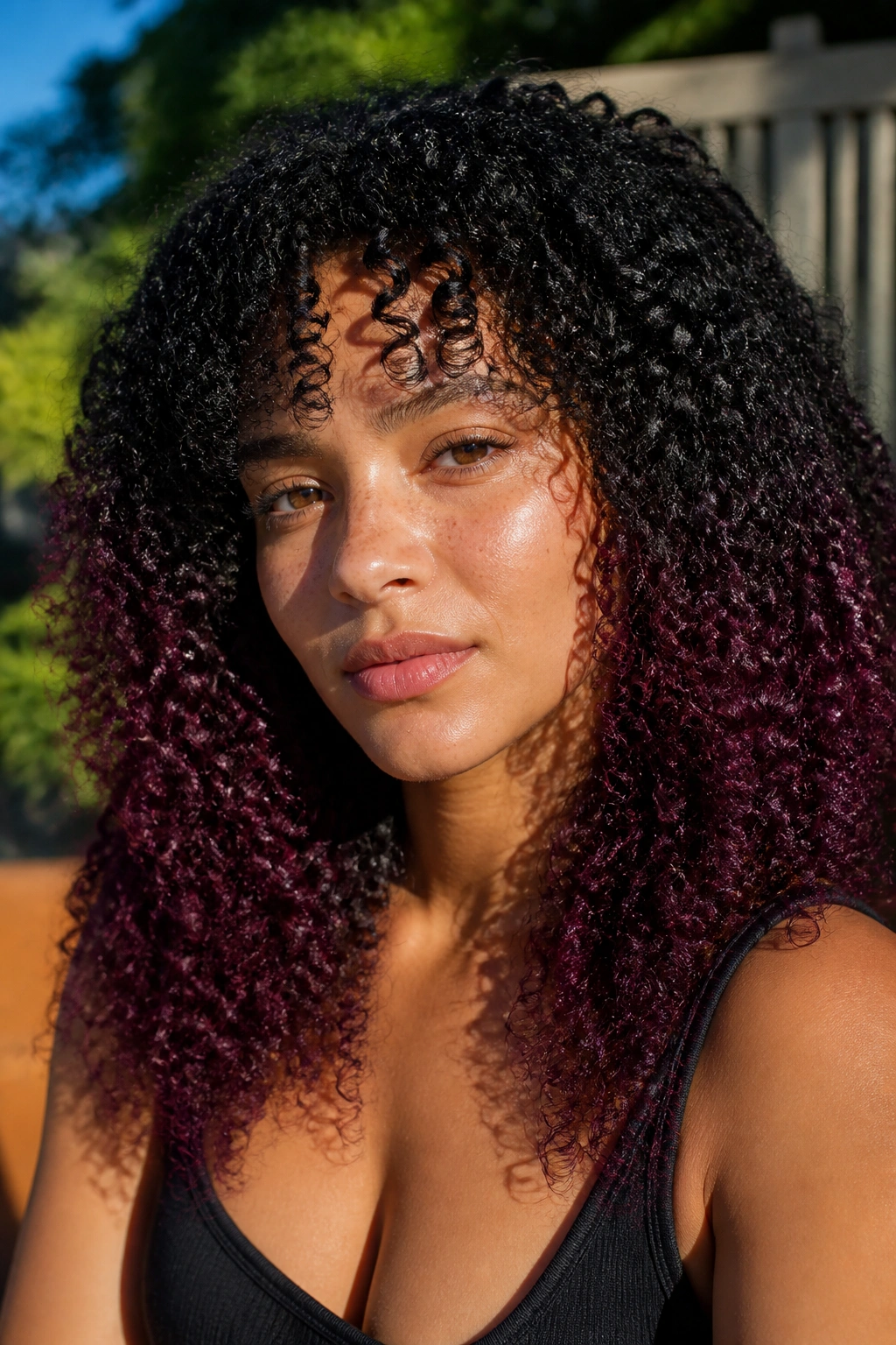 Close-up of real woman with plum ombre on tight curls